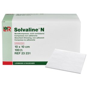 Kompres, absorberende, Solvaline N, 10x10cm, hvid, uden kl�ber, latexfri, steril *Denne vare tages ikke retur*