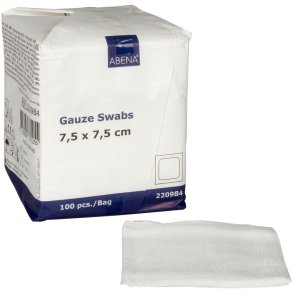 Gazekompres, ABENA, 8-lags, 7,5x7,5cm, hvid, 17-tr�ds, latexfri, usteril