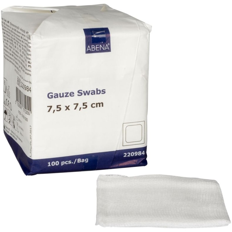 Gazekompres, ABENA, 8-lags, 7,5x7,5cm, hvid, 17-tr�ds, latexfri, usteril