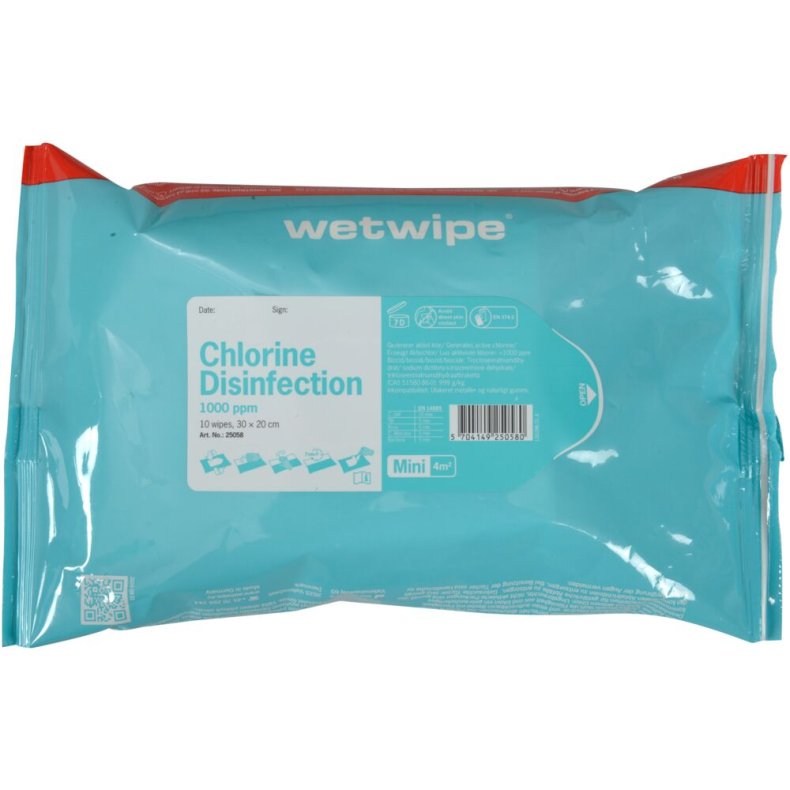 Overfladedesinfektion, Wet Wipe, Mini, 30x20cm, med 1000 ppm aktiv klor, vand, 10 stk.