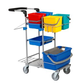 Reng�ringsvogn, Tina Trolleys, slimline, 1000x560x1050mm, s�lv, pulverlakeret st�l, til drypsystem, med tilbeh�r *Denne vare tages ikke retur*