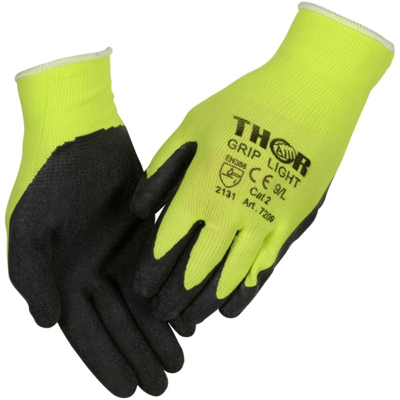 Fingerdyppet latexhandske, THOR Light Grip, 9, sort, bomuld/latex/lycra/polyester, med gul ribkant