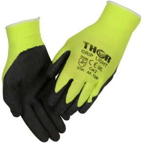 Fingerdyppet latexhandske, THOR Light Grip, 11, sort, bomuld/latex/lycra/polyester, med gul ribkant