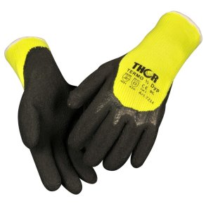Halvdyppet latexhandske, THOR Grip Termo, 11, sort, bomuld/latex/polyester, med gul ribkant
