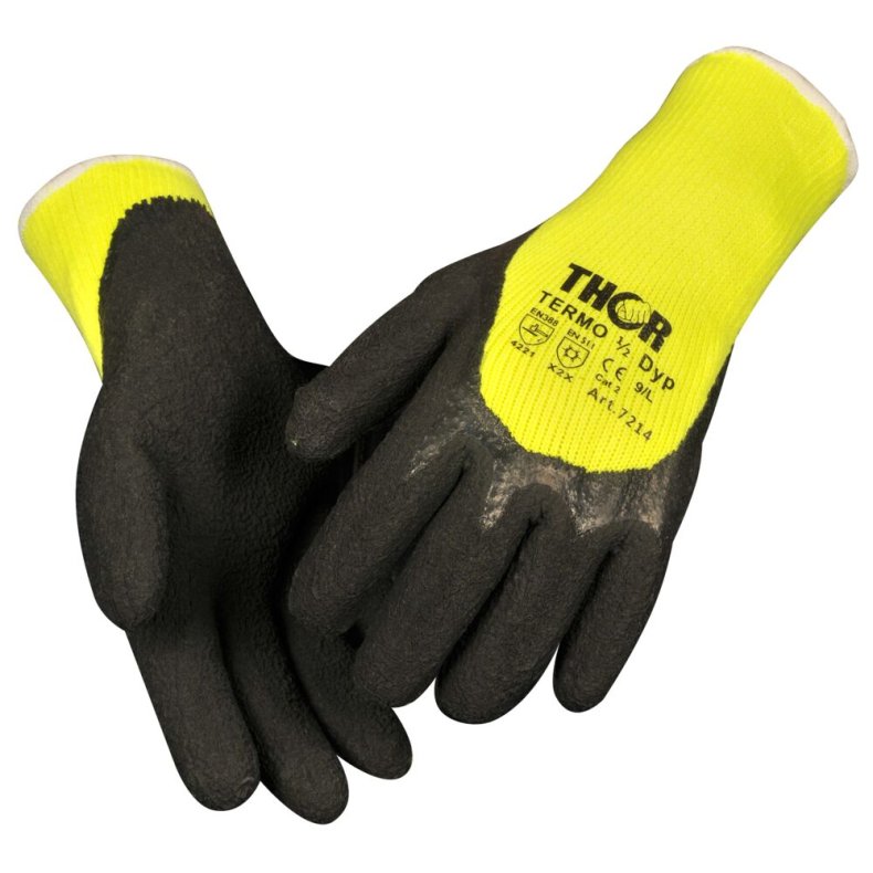 Halvdyppet latexhandske, THOR Grip Termo, 11, sort, bomuld/latex/polyester, med gul ribkant