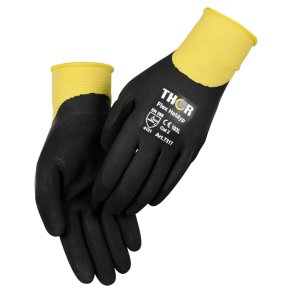 Heldyppet latexhandske, THOR Flex Heldyp, 11, sort, latex/polyester, med gul ribkant