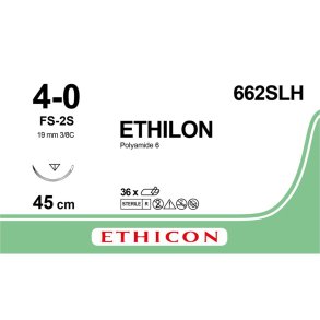 Sutur, Ethilon II, 45cm, sort, PA, (nylon), 4-0, FS-2 n�l, monofil, 662SLH, Steril *Denne vare tages ikke retur*