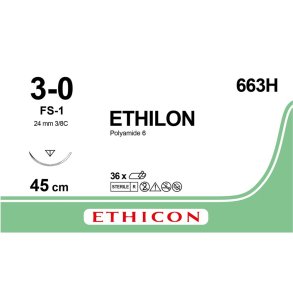 Sutur, Ethilon II, 45cm, sort, PA, 3-0, FS-1 n�l, monofil, 663H, Steril *Denne vare tages ikke retur*