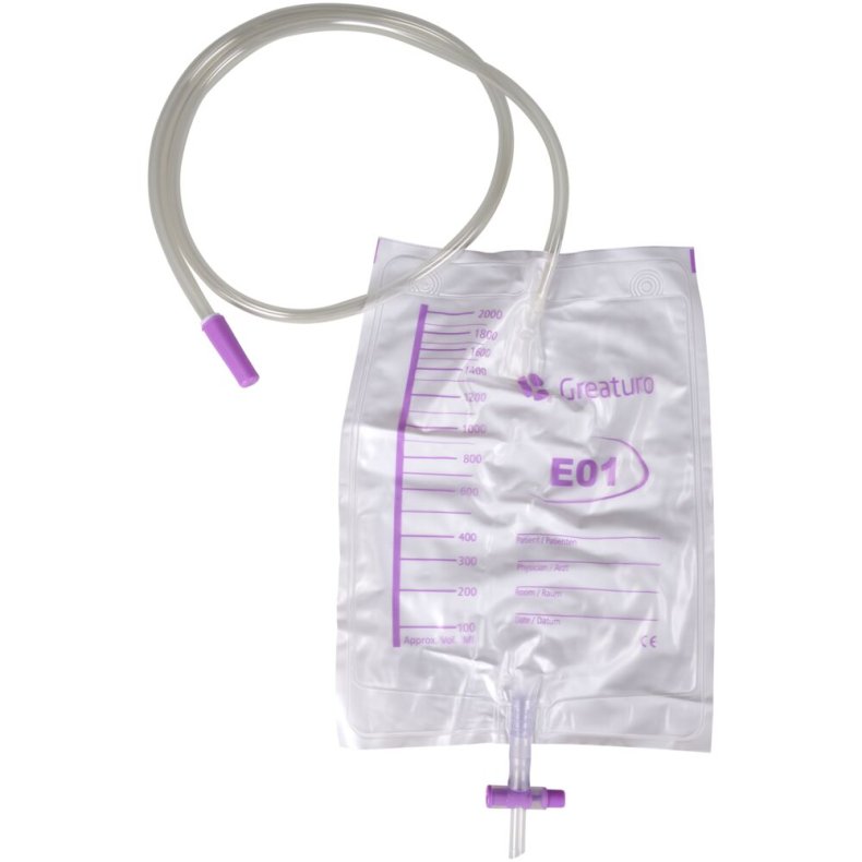 Urinpose, sengepose, Greaturo, 110cm, 2000 ml, etkammer, CV/NRV, tyk slange, singlepak