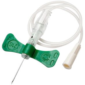 Blodpr�vetagningskanyle, BD Vacutainer UltraTouch, gr�n, 21G, 0,8x19mm, 17,8cm slange, med luer-adapter og trykknap, steril *Denne vare tages ikke retur*
