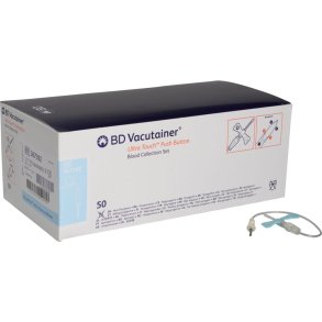 Blodpr�vetagningskanyle, BD Vacutainer UltraTouch, bl�, 23G, 0,6x19mm, 17,8cm slange, med luer-adapter og trykknap, steril *Denne vare tages ikke retur*