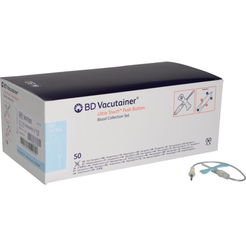 Blodpr�vetagningskanyle, BD Vacutainer UltraTouch, bl�, 23G, 0,6x19mm, 17,8cm slange, med luer-adapter og trykknap, steril *Denne vare tages ikke retur*
