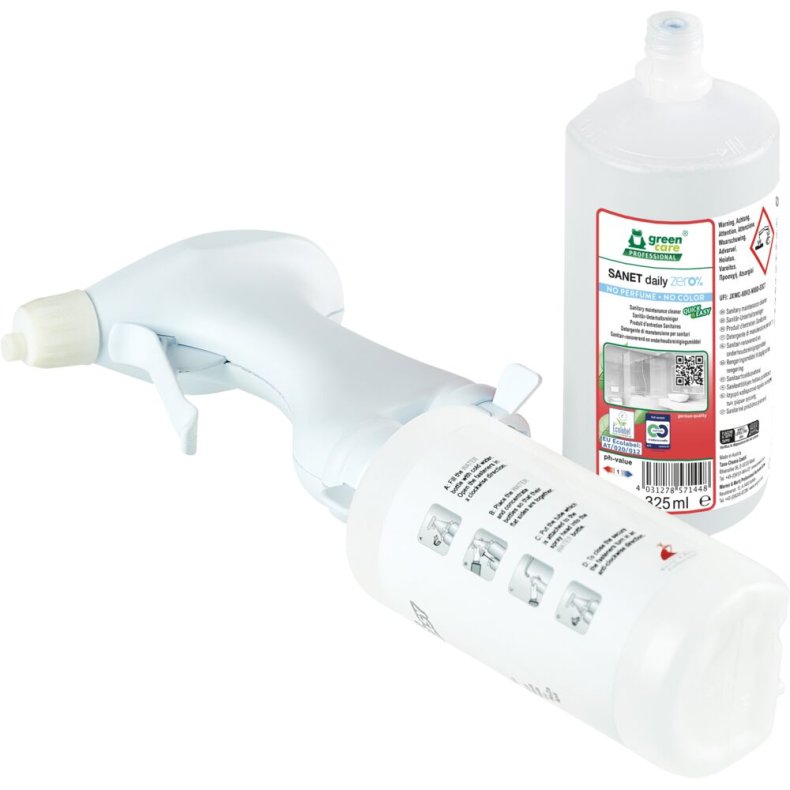 Sanitetsreng�ring, Green Care Professional SANET daily zero%, 325 ml, Quick & Easy, sur/kalkh�mmende, uden farve og parfume