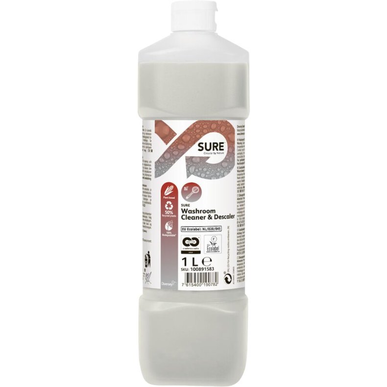 Sanitetsreng�ring, Diversey SURE Washroom Cleaner & Descaler, 1 l, sur/kalkh�mmende, uden farve og parfume