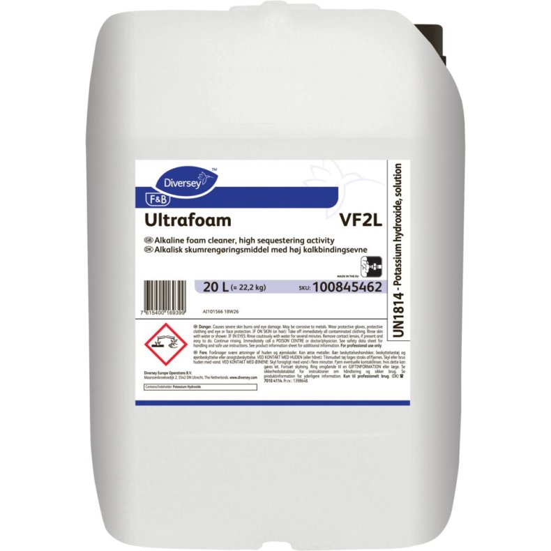 Skumreng�ring, Diversey F&B Ultrafoam VF2L, 20 l, alkalisk/affedtende, uden klor, farve og parfume