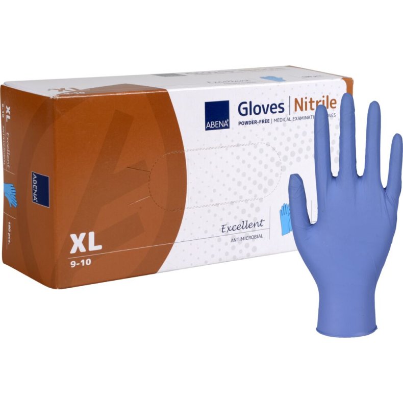 Unders�gelseshandske, antimikrobiel, ABENA Excellent, XL, bl�, nitril, pudderfri