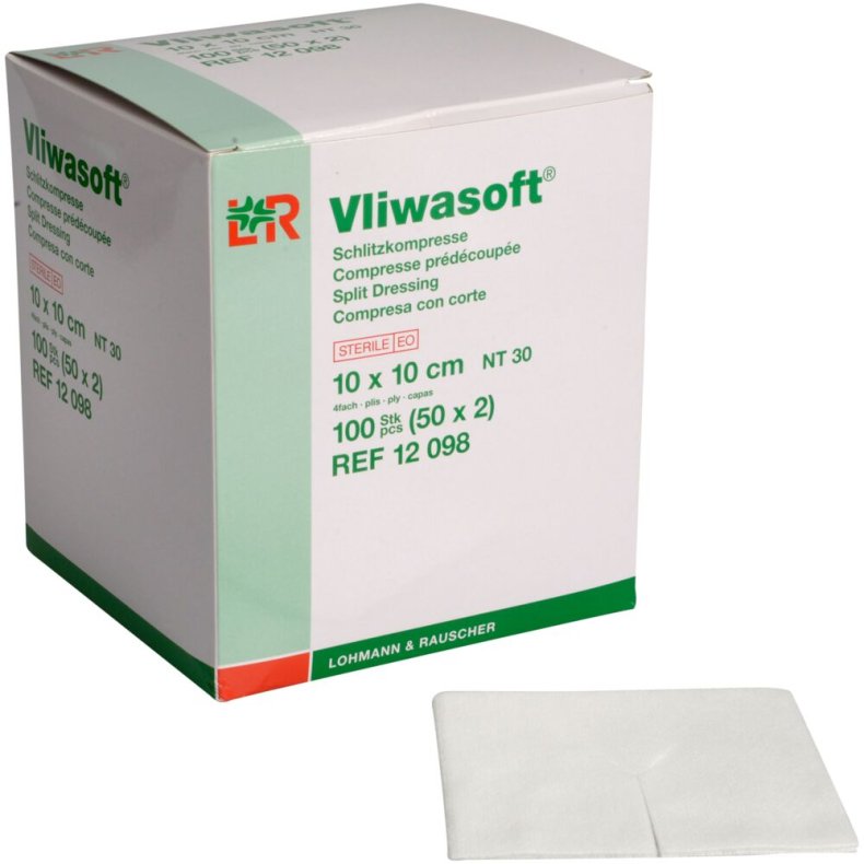 Slidskompres, Vliwasoft, 4-lags, 10x10cm, hvid, 4-lags, 2 stk./pouch, steril *Denne vare tages ikke retur*