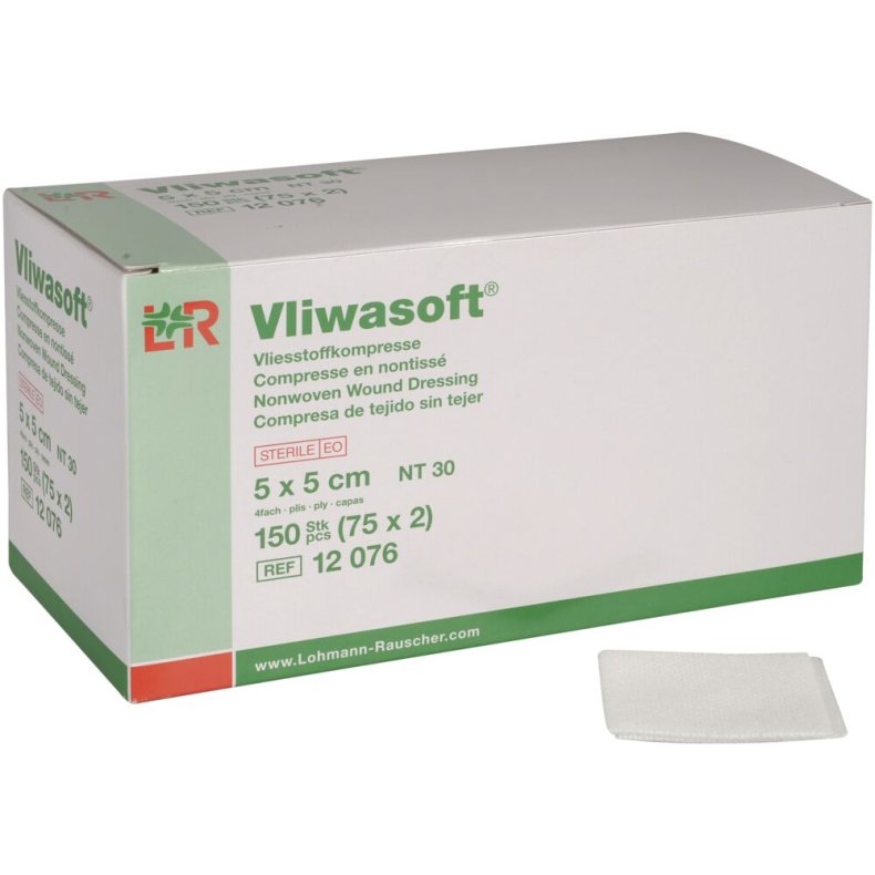 Nonwoven kompres, Vliwasoft, 4-lags, 5x5cm, hvid, 4-lags, 2 stk./pouch, steril *Denne vare tages ikke retur*
