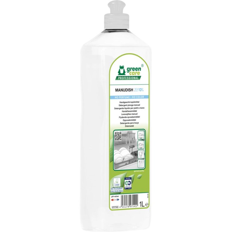 H�ndopvask, Green Care Professional MANUDISH zero%, 1 l, uden farve og parfume