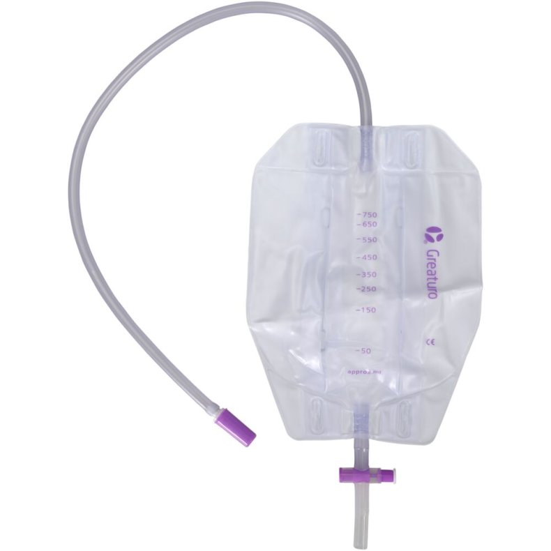 Urinpose, benpose, Greaturo, 60cm, 750 ml, flerkammer, CV/NRV, NW bagside, justerbar slange, nattilkobling, singlepak