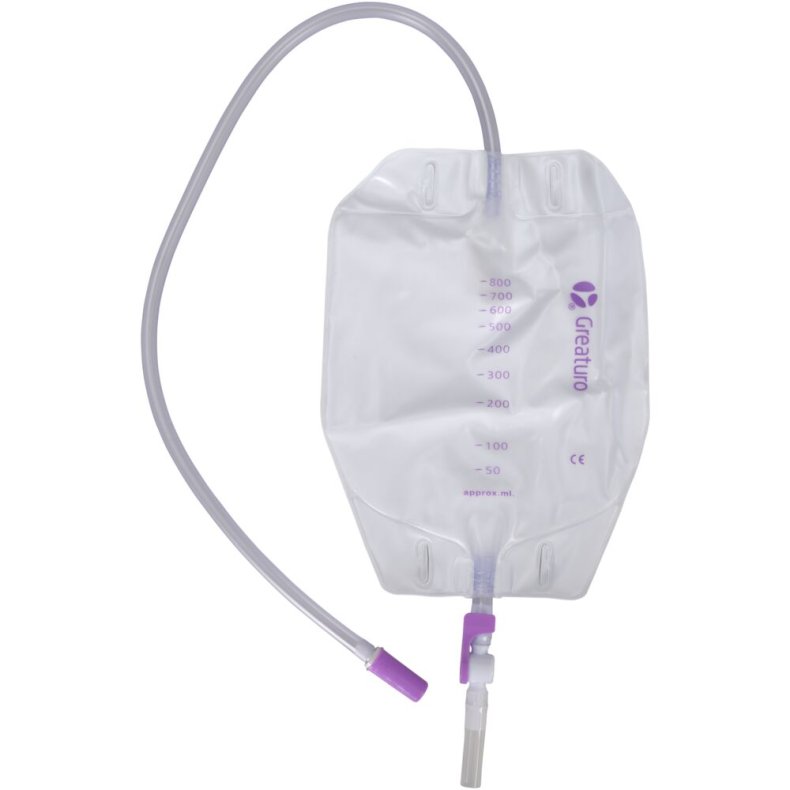 Urinpose, benpose, Greaturo, 60cm, 800 ml, etkammer, DV/NRV, NW bagside, justerbar slange, nattilkobling, singlepak