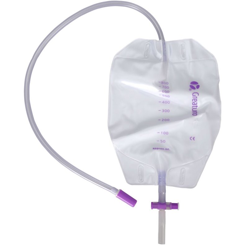 Urinpose, benpose, Greaturo, 60cm, 800 ml, etkammer, CV/NRV, NW bagside, justerbar slange, nattilkobling, singlepak