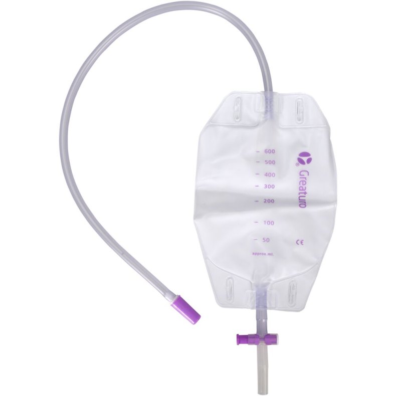 Urinpose, benpose, Greaturo, 60cm, 600 ml, etkammer, CV/NRV, NW bagside, justerbar slange, nattilkobling