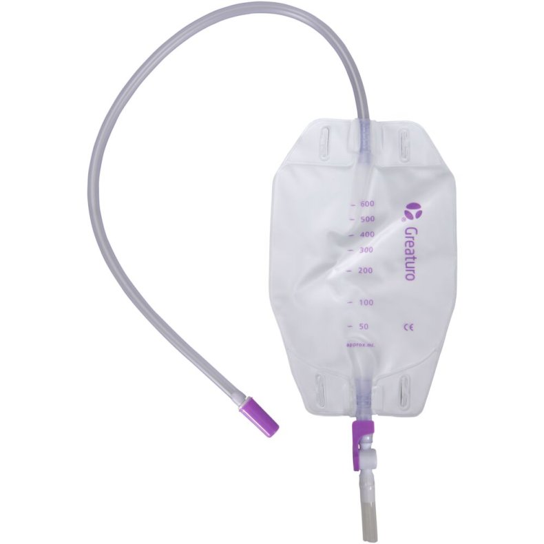 Urinpose, benpose, Greaturo, 60cm, 600 ml, etkammer, DV/NRV, NW bagside, justerbar slange, nattilkobling, singlepak