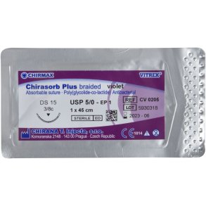 Sutur, Chirasorb Plus, 45cm, violet, 5/0, DS-15 n�l (FS-3), antibakteriel, resorberbar, steril *Denne vare tages ikke retur*