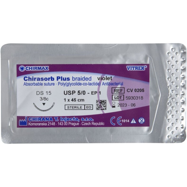 Sutur, Chirasorb Plus, 45cm, violet, 5/0, DS-15 n�l (FS-3), antibakteriel, resorberbar, steril *Denne vare tages ikke retur*