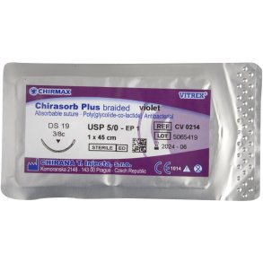 Sutur, Chirasorb Plus, 45cm, violet, 5/0, DS-19 n�l (FS-2), antibakteriel, resorberbar, steril *Denne vare tages ikke retur*