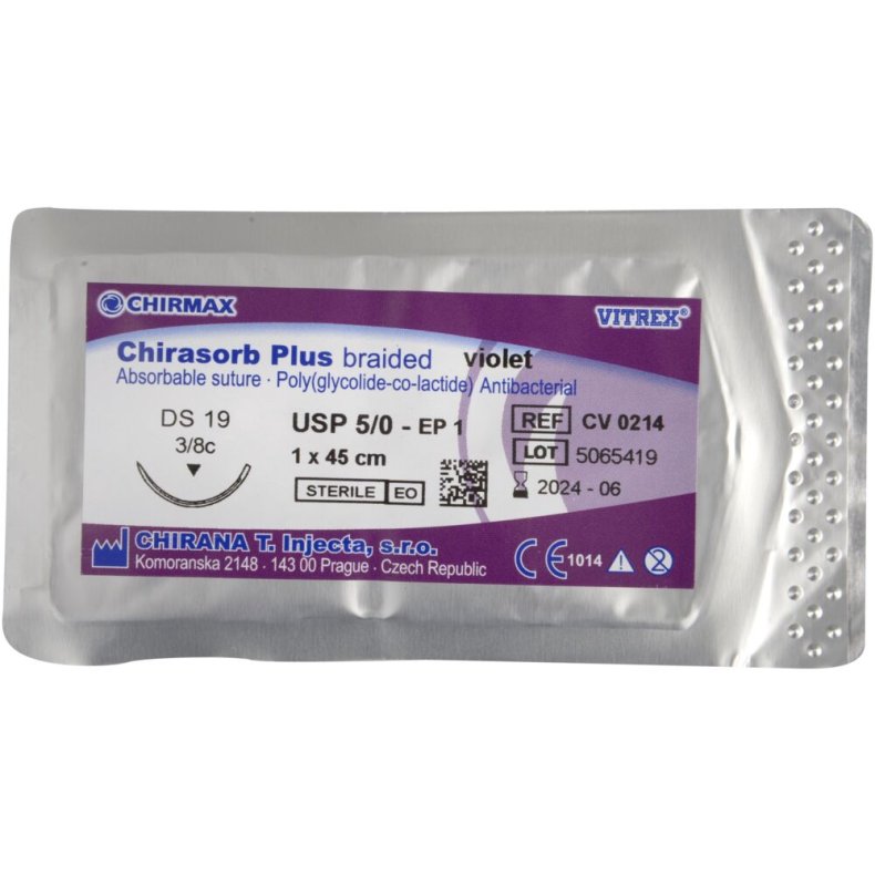 Sutur, Chirasorb Plus, 45cm, violet, 5/0, DS-19 n�l (FS-2), antibakteriel, resorberbar, steril *Denne vare tages ikke retur*