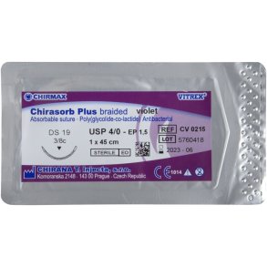 Sutur, Chirasorb Plus, 45cm, violet, 4/0, DS-19 n�l (FS-2), antibakteriel, resorberbar, steril *Denne vare tages ikke retur*