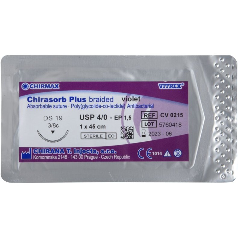 Sutur, Chirasorb Plus, 45cm, violet, 4/0, DS-19 n�l (FS-2), antibakteriel, resorberbar, steril *Denne vare tages ikke retur*