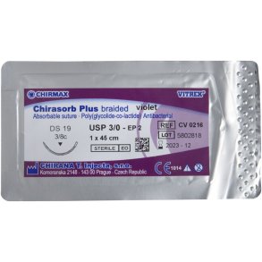 Sutur, Chirasorb Plus, 45cm, violet, 3/0, DS-19 n�l (FS-2), antibakteriel, resorberbar, steril *Denne vare tages ikke retur*