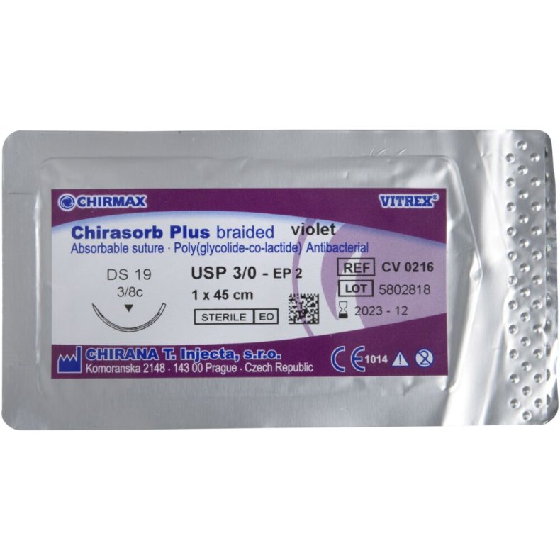 Sutur, Chirasorb Plus, 45cm, violet, 3/0, DS-19 n�l (FS-2), antibakteriel, resorberbar, steril *Denne vare tages ikke retur*