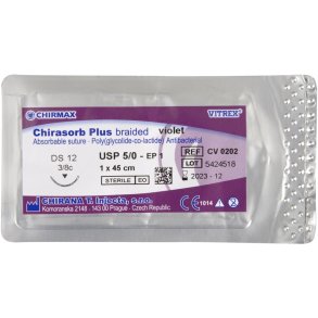 Sutur, Chirasorb Plus, 45cm, violet, 5/0, DS-12 n�l (C-3), antibakteriel, resorberbar, steril *Denne vare tages ikke retur*