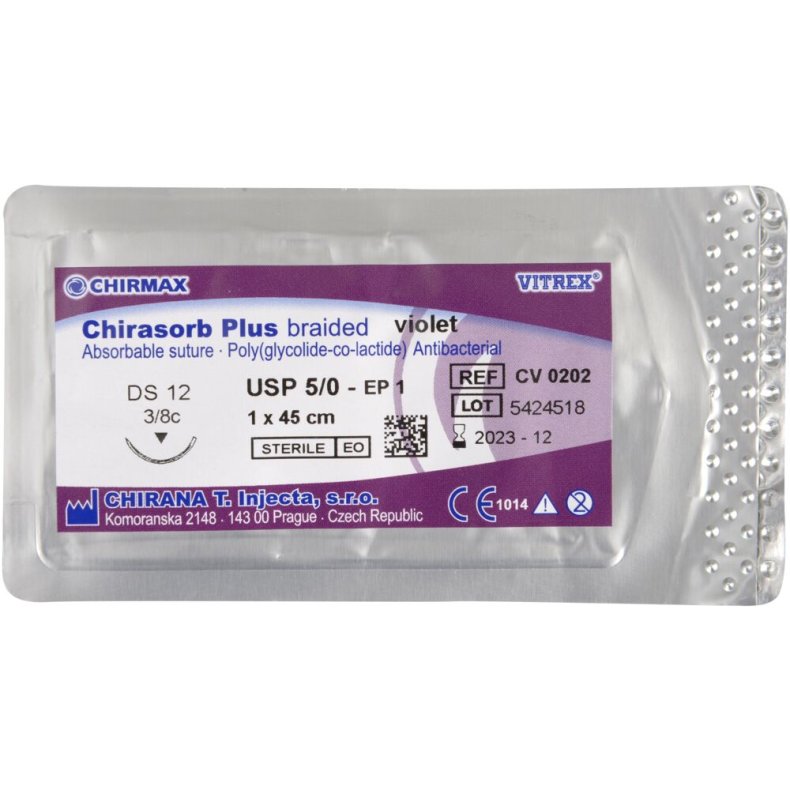 Sutur, Chirasorb Plus, 45cm, violet, 5/0, DS-12 n�l (C-3), antibakteriel, resorberbar, steril *Denne vare tages ikke retur*