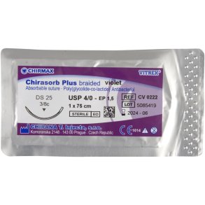 Sutur, Chirasorb Plus, 75cm, violet, 4/0, DS-25 n�l (FS-1), antibakteriel, resorberbar, steril *Denne vare tages ikke retur*