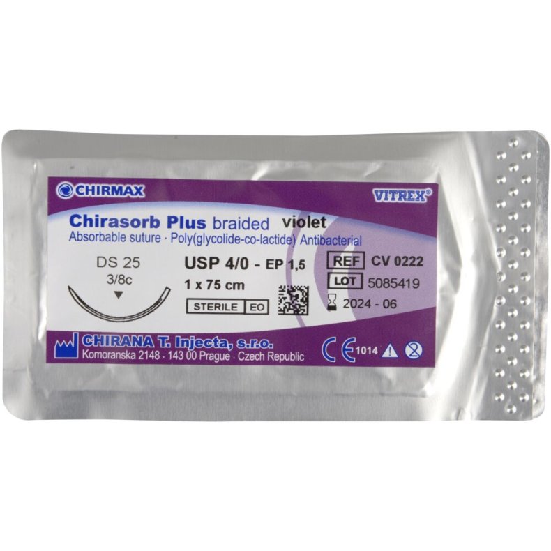 Sutur, Chirasorb Plus, 75cm, violet, 4/0, DS-25 n�l (FS-1), antibakteriel, resorberbar, steril *Denne vare tages ikke retur*