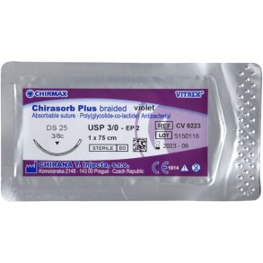 Sutur, Chirasorb Plus, 75cm, violet, 3/0, DS-25 n�l (FS-1), antibakteriel, resorberbar, steril *Denne vare tages ikke retur*