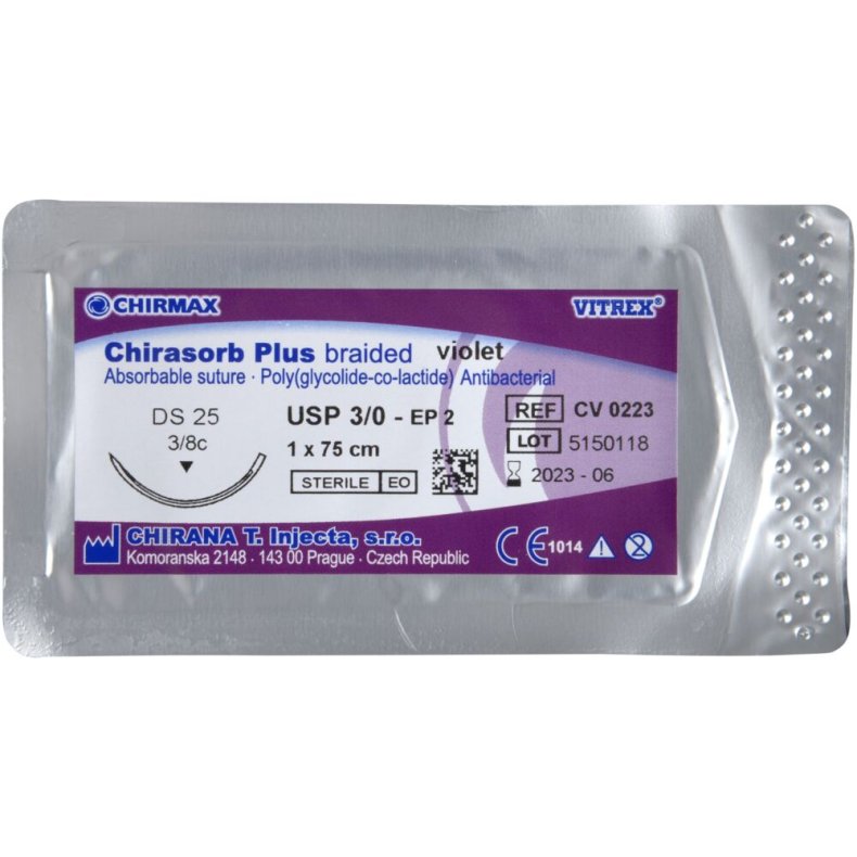 Sutur, Chirasorb Plus, 75cm, violet, 3/0, DS-25 n�l (FS-1), antibakteriel, resorberbar, steril *Denne vare tages ikke retur*