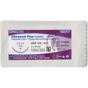 Sutur, Chirasorb Plus, 75cm, violet, 2/0, DS-25 n�l (FS-1), antibakteriel, resorberbar, steril *Denne vare tages ikke retur*