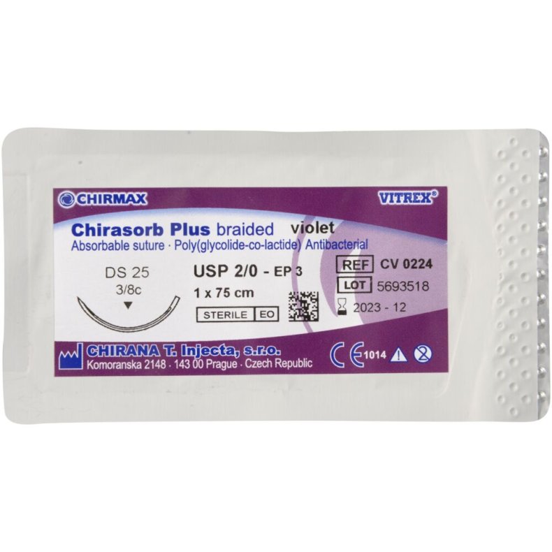 Sutur, Chirasorb Plus, 75cm, violet, 2/0, DS-25 n�l (FS-1), antibakteriel, resorberbar, steril *Denne vare tages ikke retur*