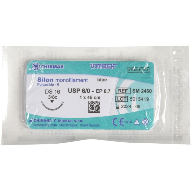 Sutur, Silon Monofilament, 45cm, bl�, 6/0, DS-16 n�l (FS-3), non-resorberbar, steril *Denne vare tages ikke retur*
