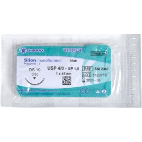 Sutur, Silon Monofilament, 45cm, bl�, 4/0, DS-19 n�l (DS-18), non-resorberbar, steril *Denne vare tages ikke retur*