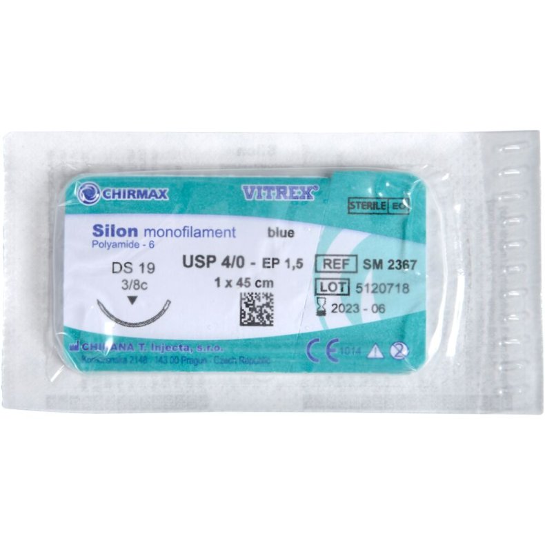 Sutur, Silon Monofilament, 45cm, bl�, 4/0, DS-19 n�l (DS-18), non-resorberbar, steril *Denne vare tages ikke retur*