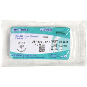 Sutur, Silon Monofilament, 75cm, bl�, 5/0, DS-13 n�l (DS-13), non-resorberbar, steril *Denne vare tages ikke retur*