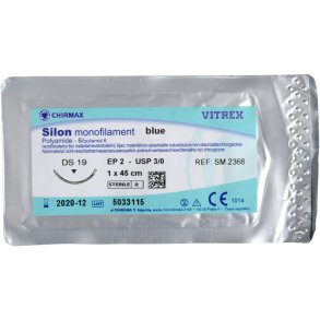 Sutur, Silon Monofilament, 45cm, bl�, 3/0, DS-19 n�l (DS-18), non-resorberbar, steril *Denne vare tages ikke retur*
