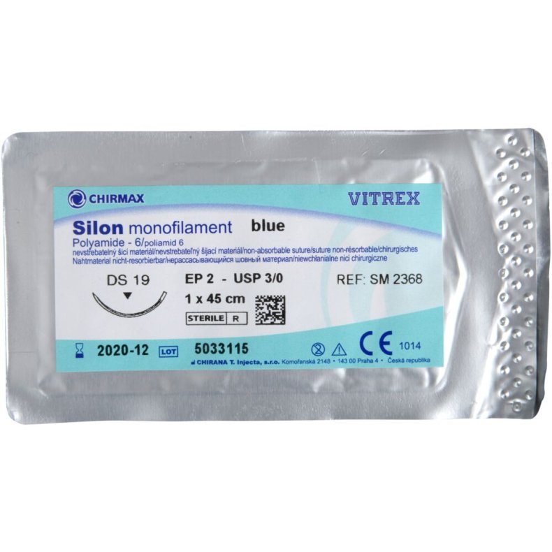 Sutur, Silon Monofilament, 45cm, bl�, 3/0, DS-19 n�l (DS-18), non-resorberbar, steril *Denne vare tages ikke retur*